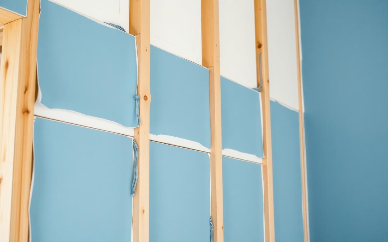 Blue-faced gypsum blueboard panels hung on wall framing
