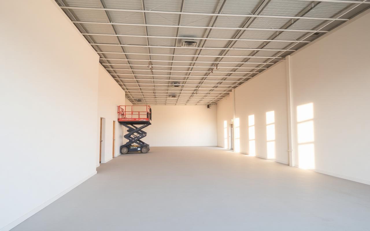 Empty commercial interior with new drywall partitions