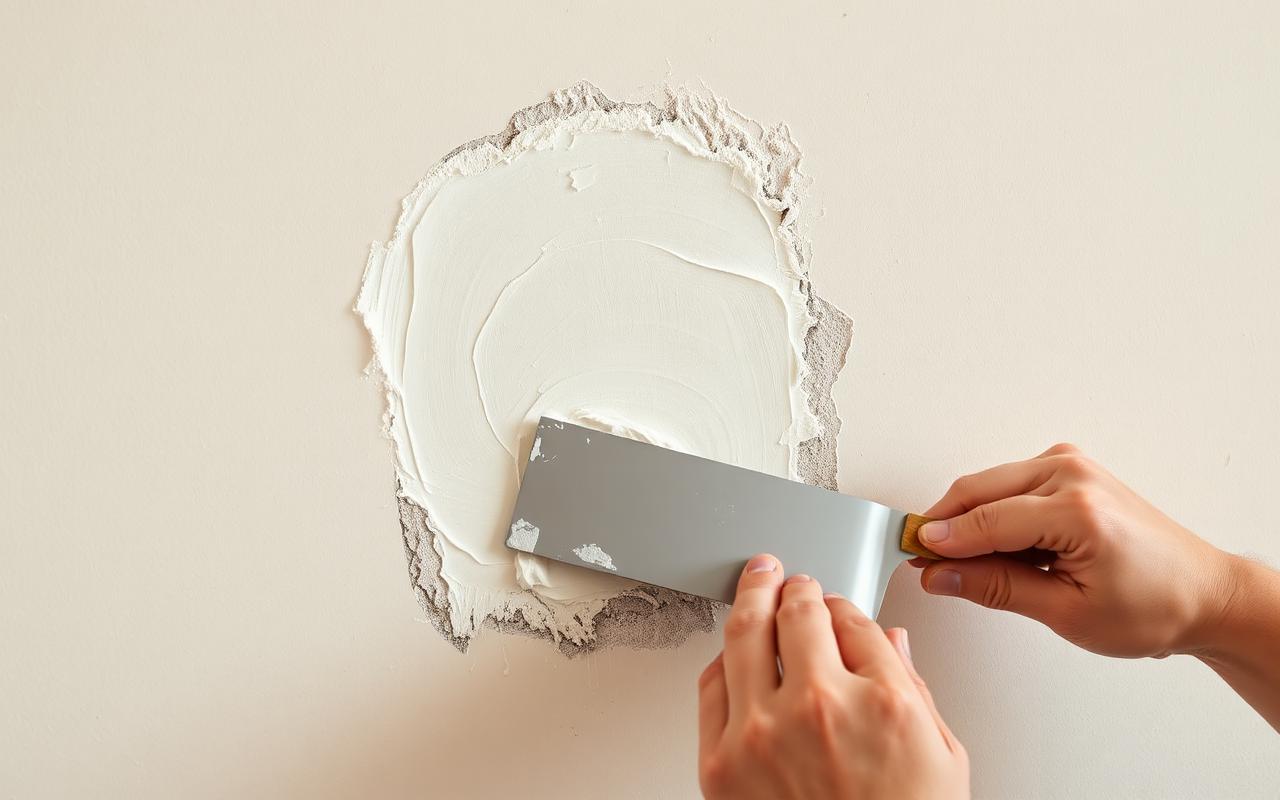 A wall patch being feathered out with a taping knife
